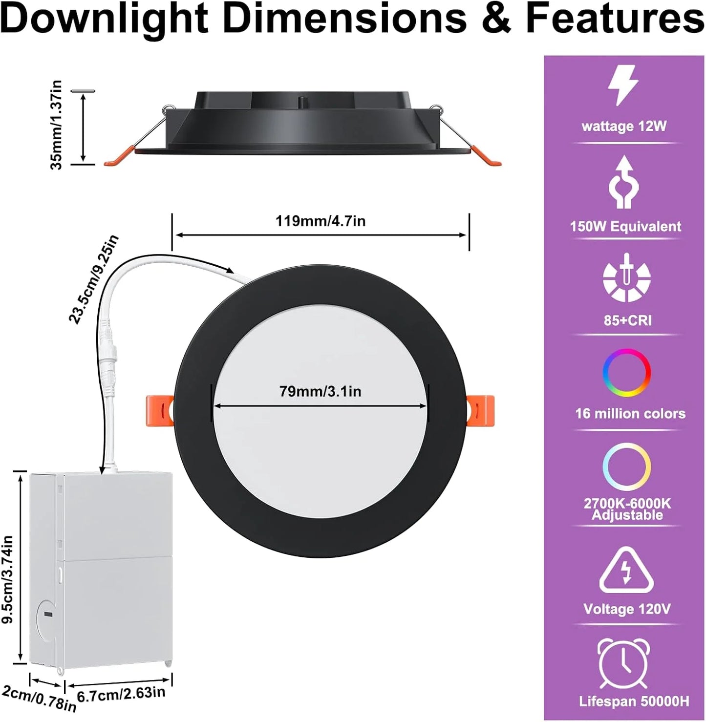 Smart Recessed Lighting 4" RGBCW Color Changing 12W LED Downlight with Junction Box