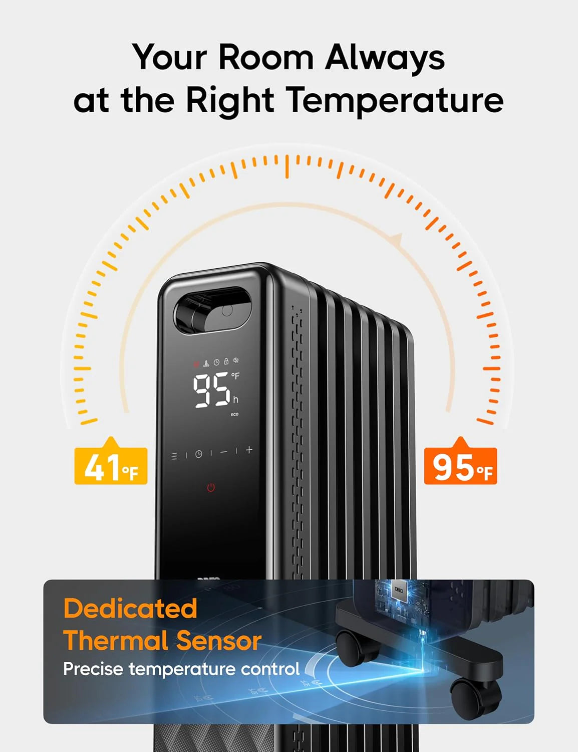 Indoor electric radiant heater with overheat and tip-over protection, digital thermostat, oil-filled radiator
