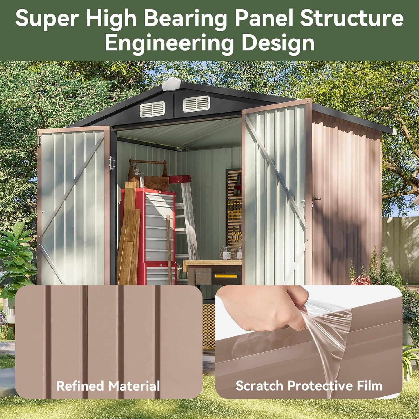 Aoxun 6.2x4 FT Shed Outdoor Storage Shed Metal Garden Shed with Lockable Doors & Slooping Roof Tool Shed Bike Shed for Backyard, Patio, Poolside (Brown)