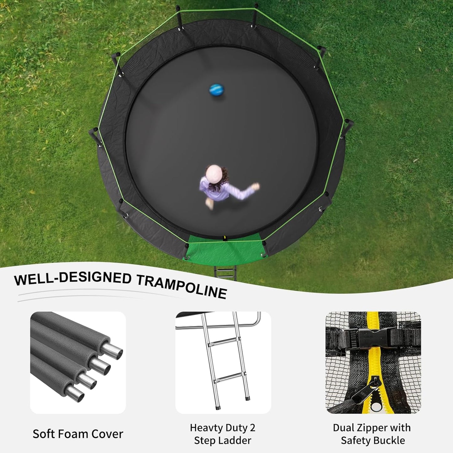 AOTOB 8FT 10FT 12FT 14 FT 15FT Trampoline with Safety Enclosure Net，Outdoor Trampoline with Basketball Hoop, Heavy Duty Jumping Mat and Spring Cover Padding for Kids and Adults, Storage Bag and Ladder