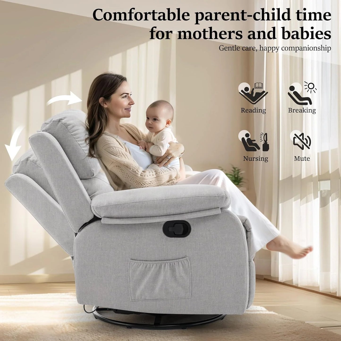 Reclining rocking chair 360 degree rotating fabric sliding reclining chair