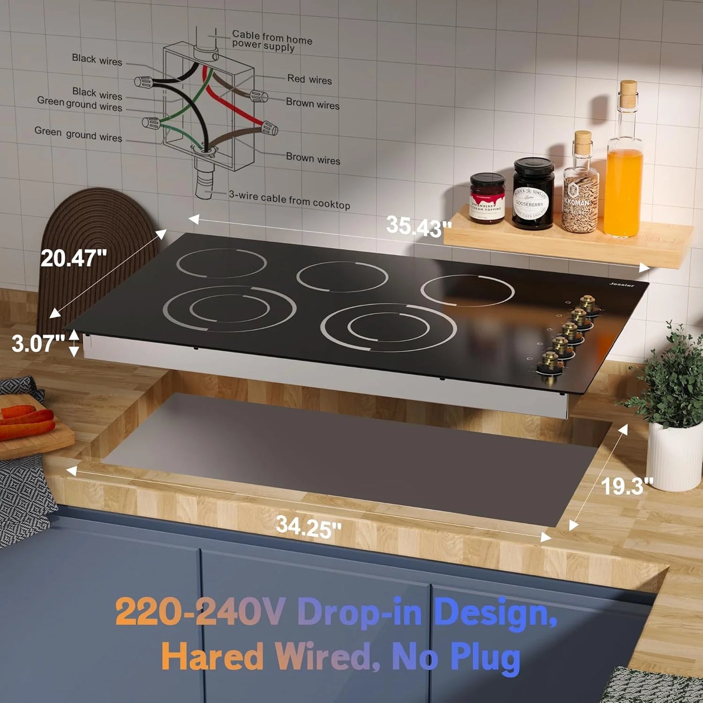 Electric Cooktop 30 Inch - 5 Burners Built-in Ceramic Cooktop, 30" Electric Stove Top with Glass Protection Metal Frame, 9 Heating Level, 8400W, 220-240V for Hard Wire(No Plug)