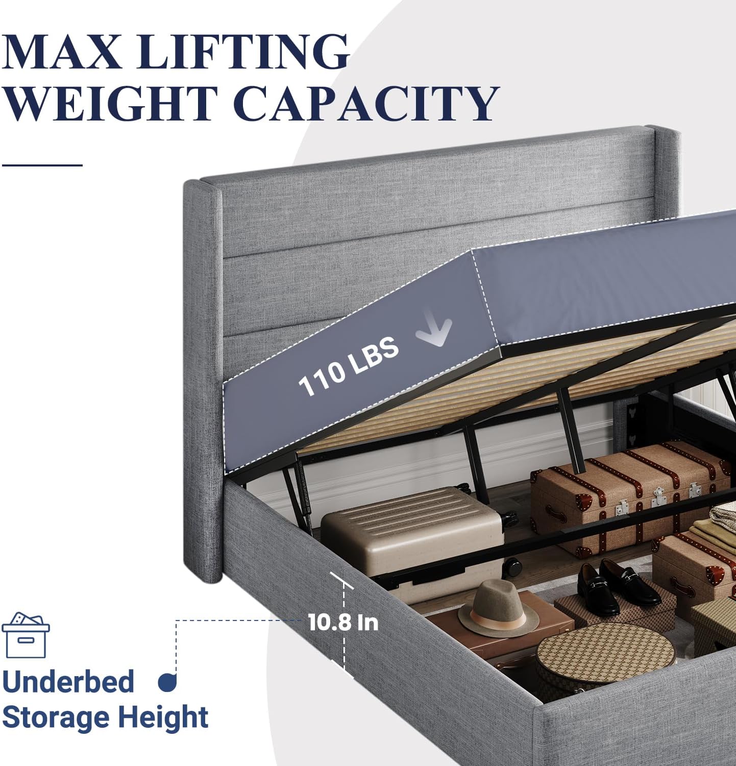 Allewie Queen Size Lift Up Storage Bed, Modern Wingback Headboard, Hydraulic Support, No Box Spring Needed, Light Beige