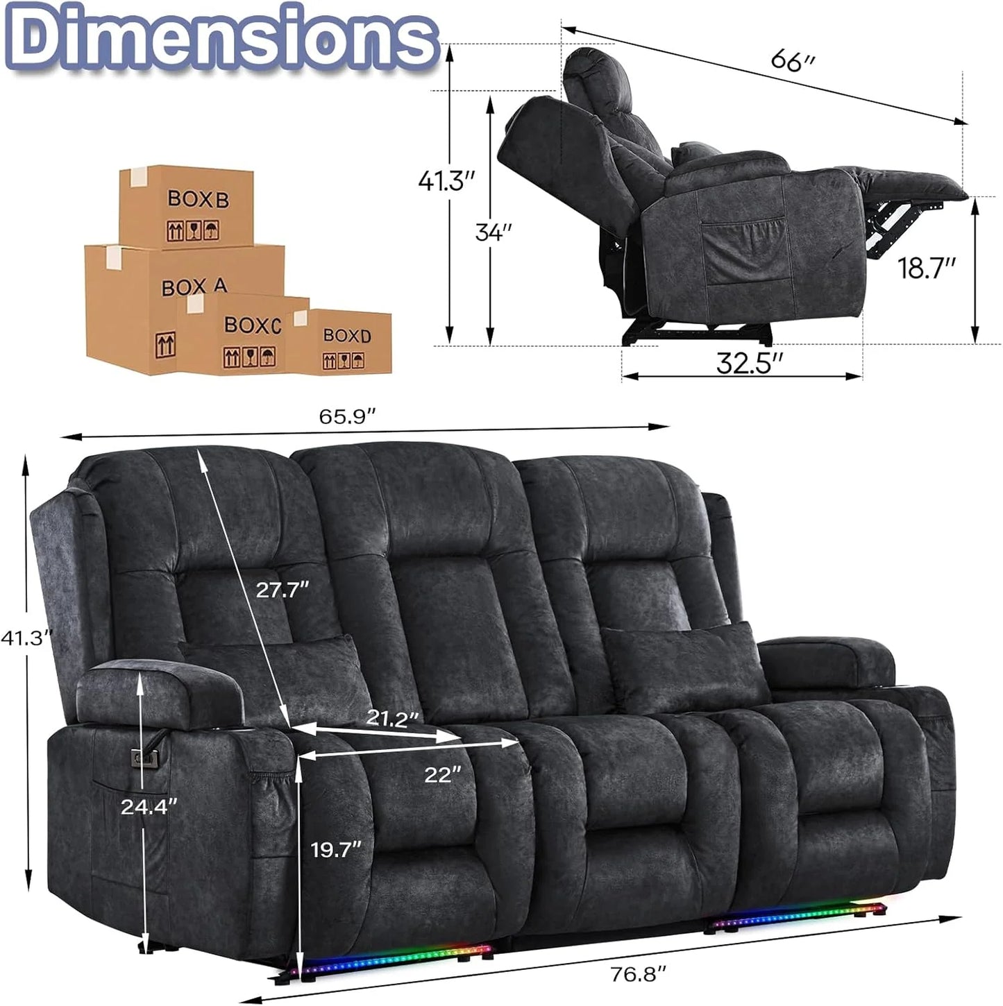 TUNYI Power Loveseat Recliner Sofa with Massage & Heat Home Theater Seating with Console Electric Recliner RV Sofa with USB/Outlet/Storage/Side Pocket/LED Light/Speaker (Brown, Loveseat)