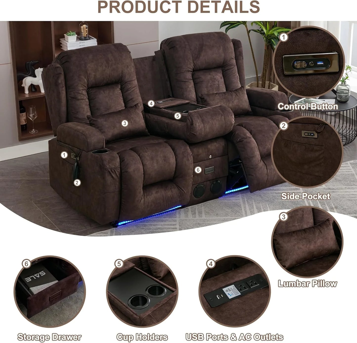 TUNYI Power Loveseat Recliner Sofa with Massage & Heat Home Theater Seating with Console Electric Recliner RV Sofa with USB/Outlet/Storage/Side Pocket/LED Light/Speaker (Brown, Loveseat)