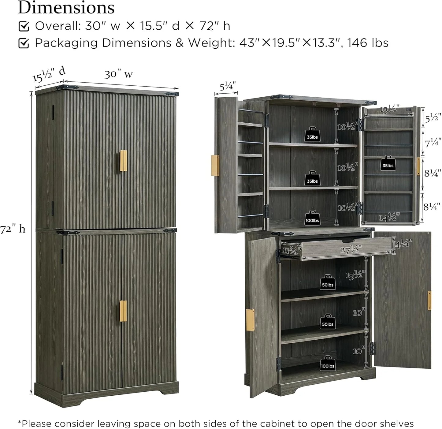 Fluted Pantry Cabinet, 72" Tall Modern Storage Cabinet with 4 Doors, Organizer, Drawer and Adjustable Shelves, Wood Cupboard