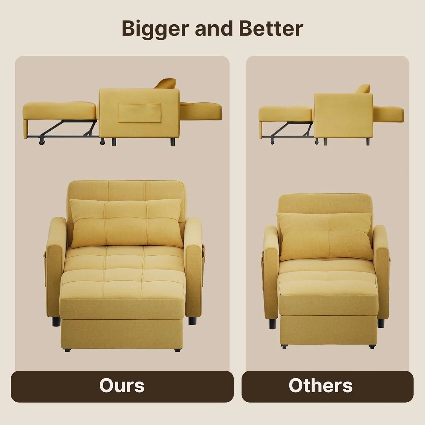 Sofa Bed Chair 3 in 1 Convertible, Pullout Single Sleeper Chair Bed with Adjustable Backrest, Spacious Multifunctional Sofa Couches