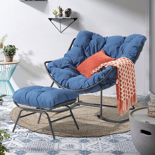 Casual Outdoor Rocking Chair with Ottoman, Patio Rocker Egg Recliner Chairs