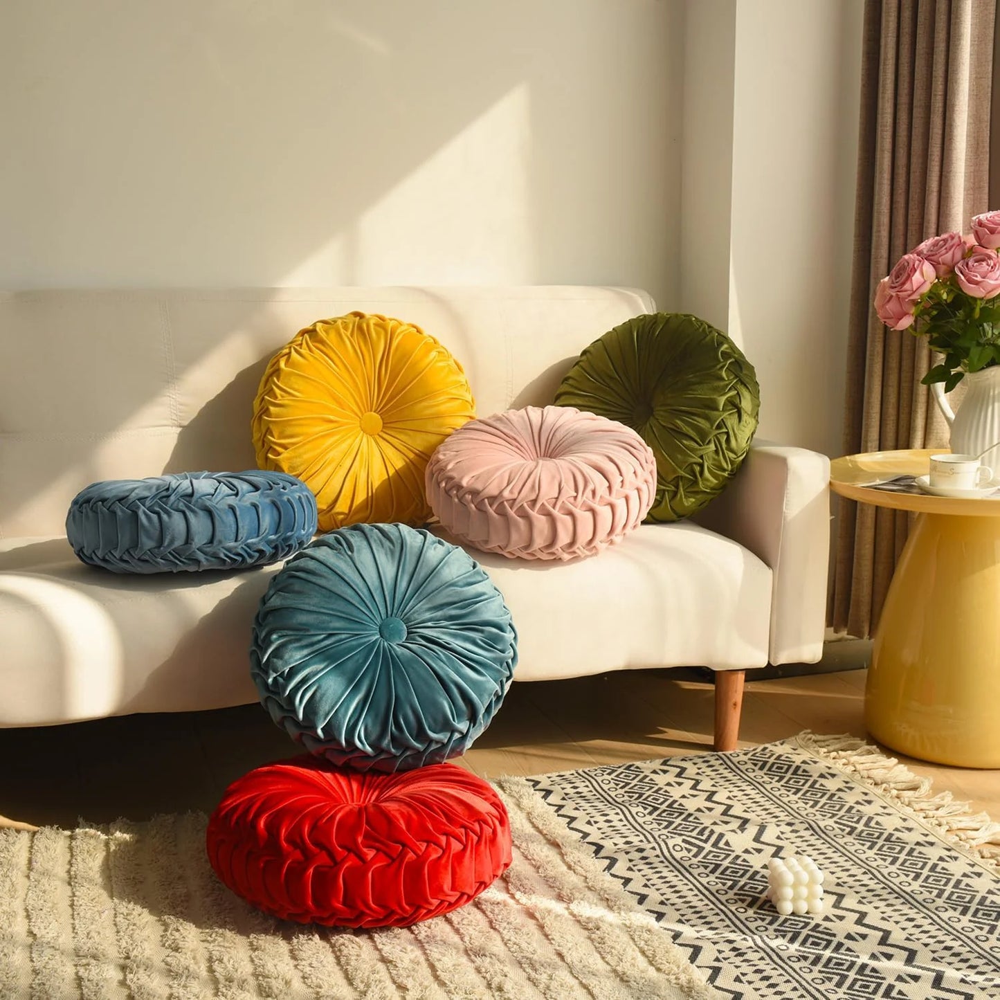 Set of 2 Decorative Round Pleated Throw Pillows