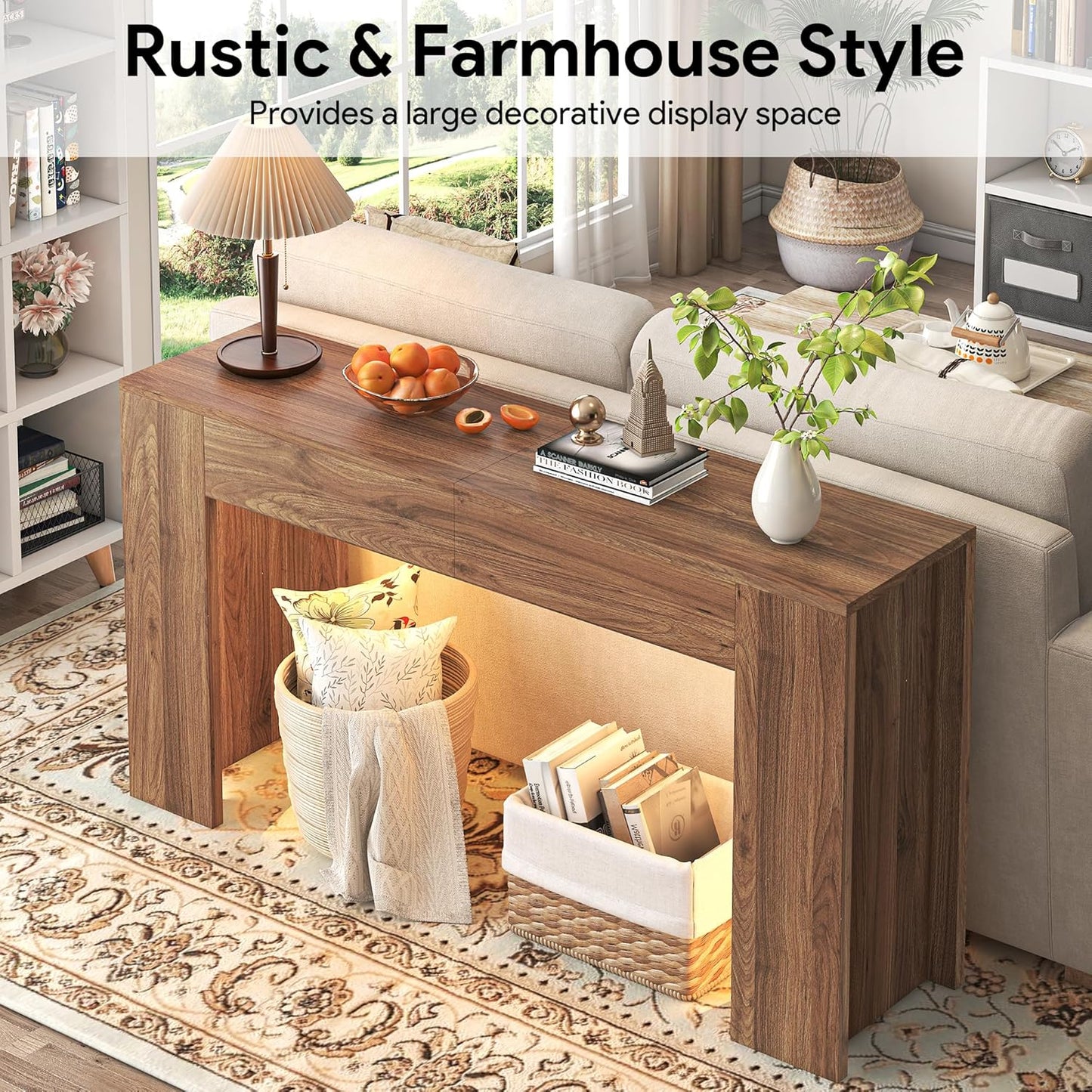 63-Inch Long Console Table with LED Light Farmhouse Sofa Table Behind Couch