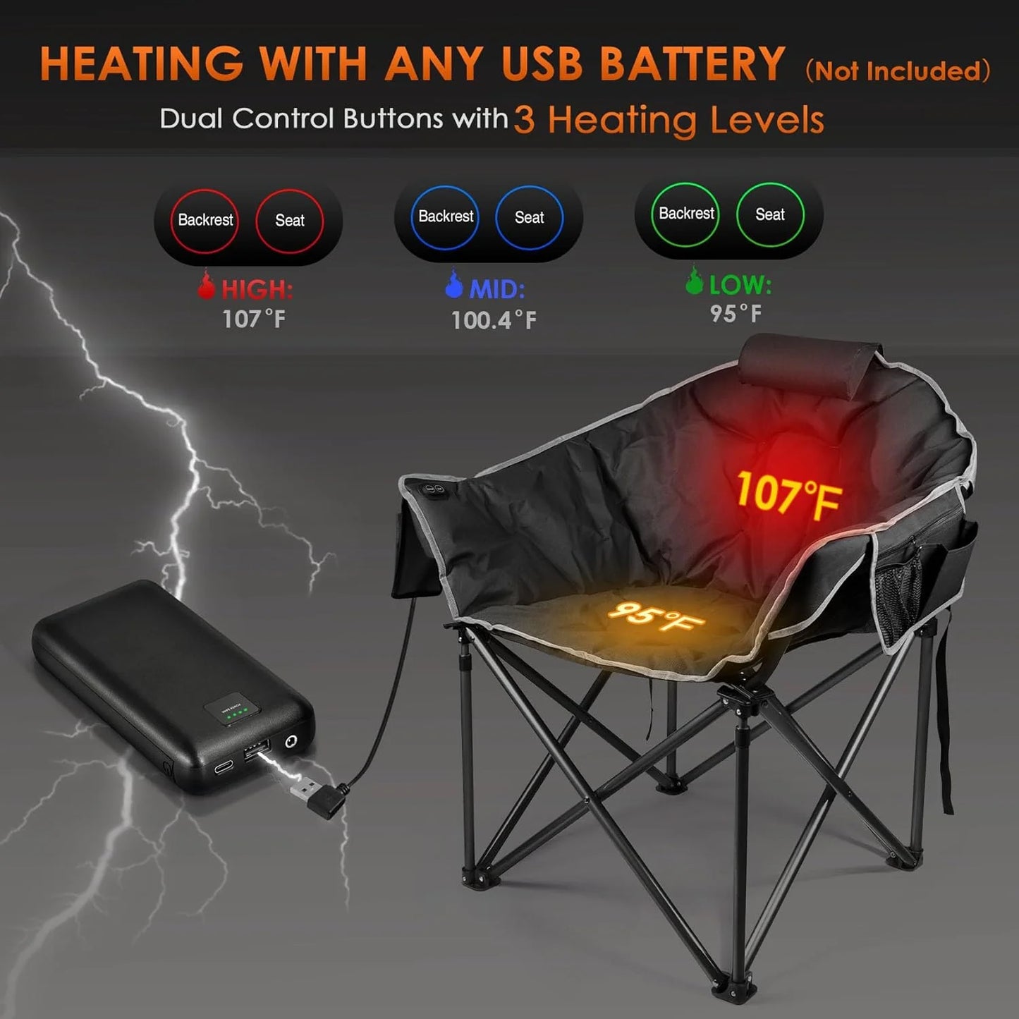 Heated Camping Chair, Extra Large Heated Chair Outdoor Sports Chair with 3 Heat Levels on Back and Seat, Portable Folding Heated Outdoor Chair (Batteries Not Included)