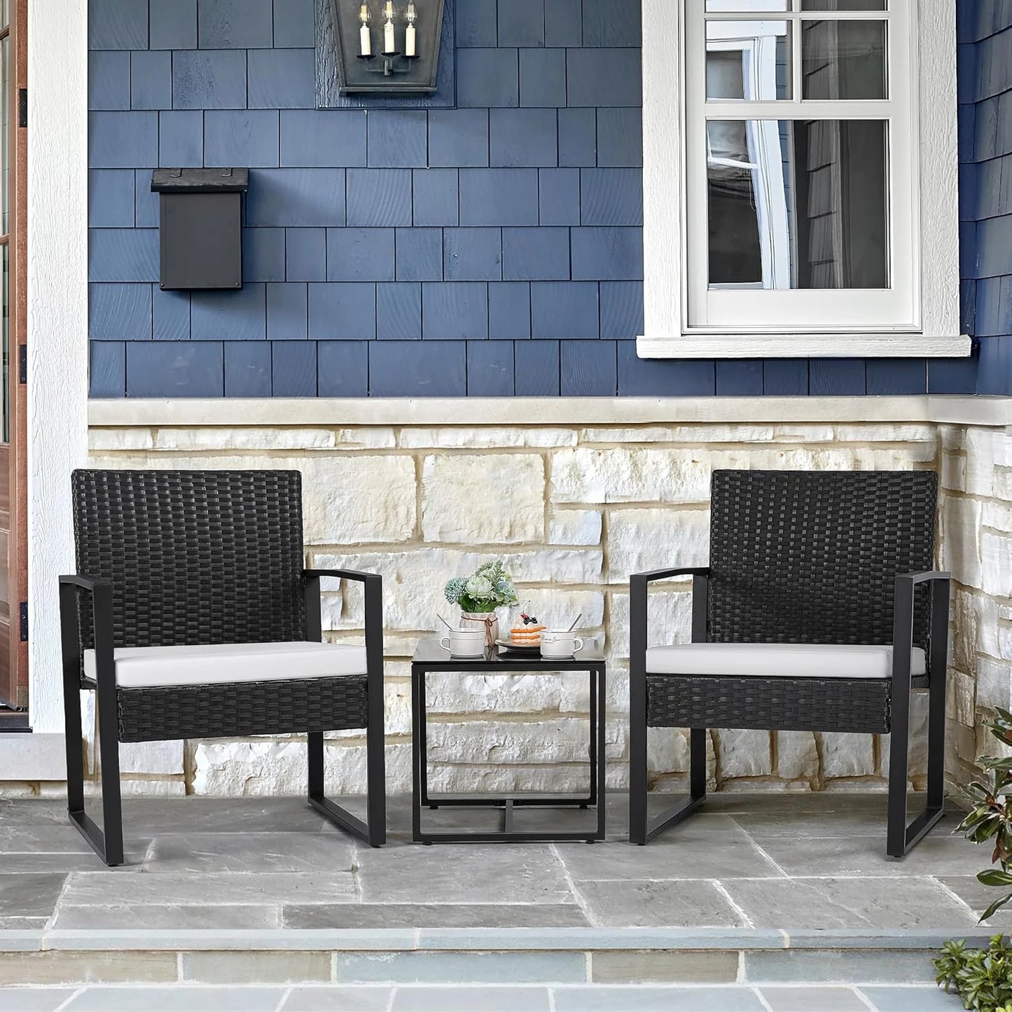 Flamaker 3 Pieces Patio Set Outdoor Wicker Furniture Sets Modern Rattan Chair Conversation Sets with Coffee Table for Yard and Bistro (Black)