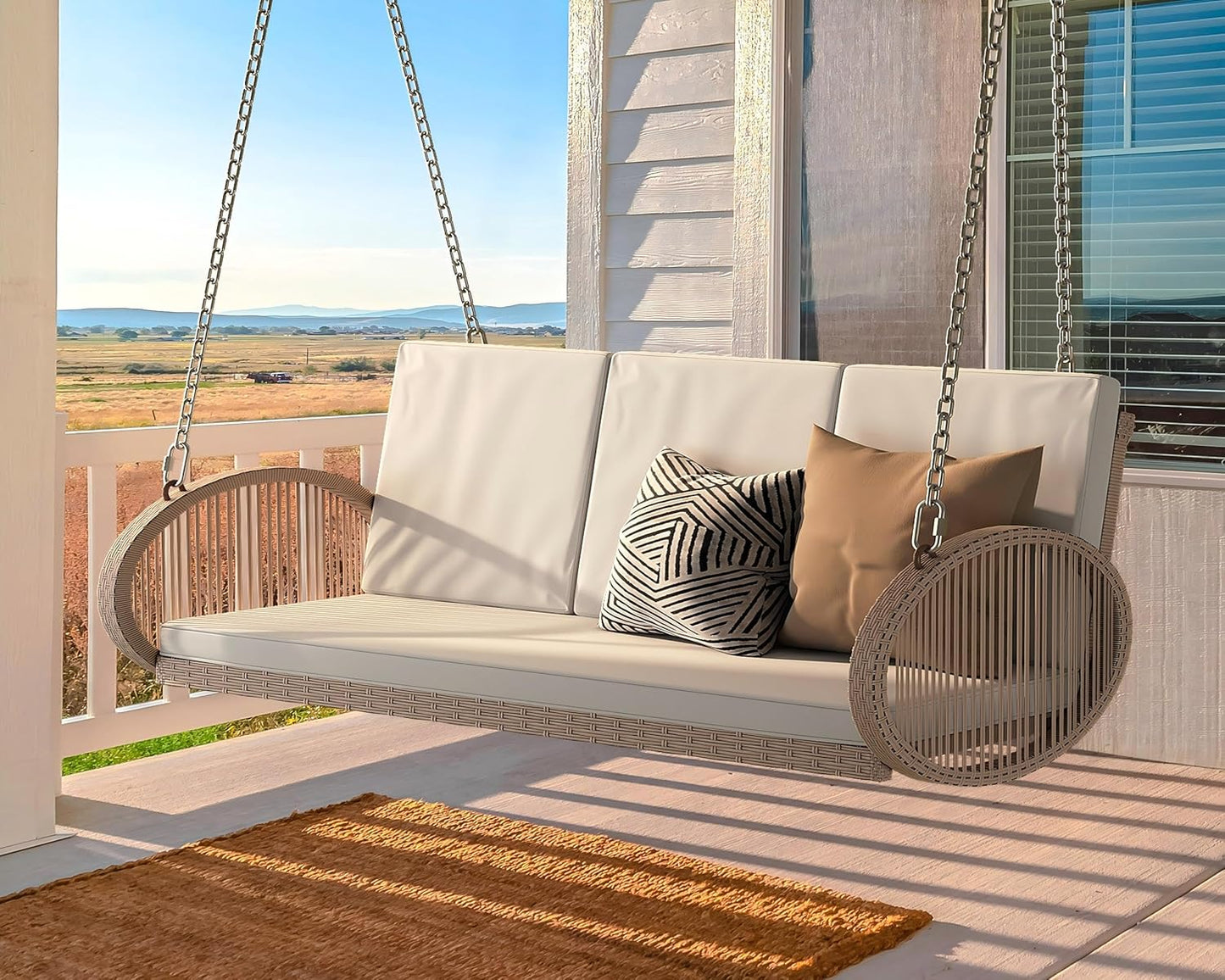 YITAHOME Hanging Porch Swing Chair Sits 3 People, Wicker Outdoor Swing Bench, Patio Lounge Chair, 1 Seating Cushion and 3 Back Cushions, w/Removable Covers, for Garden, Balcony, Backyard, Brown