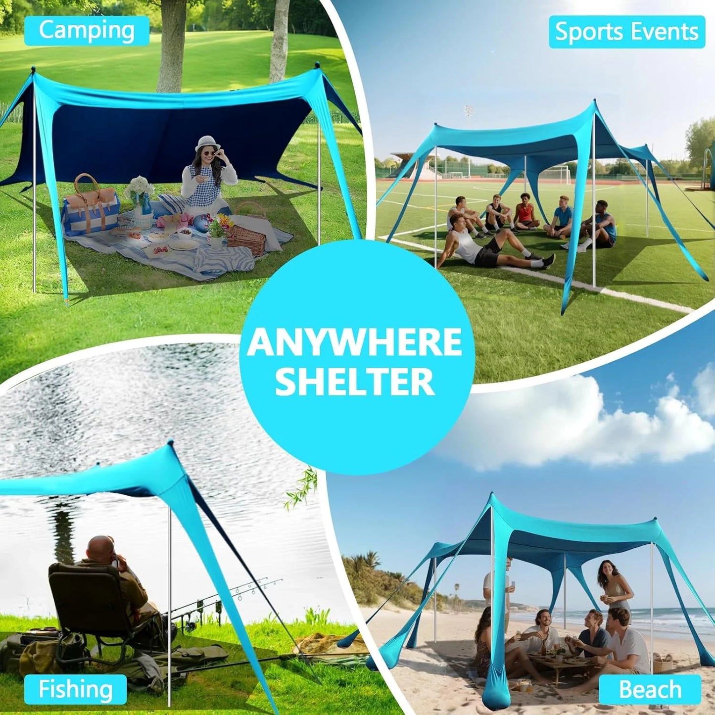 Beach Tent Sun Shelter, 10 x 10 FT Beach Canopy Tent Sun Shade Heavy Duty, UPF50+ Beach Tent Canopy with 8 Sandbags & 4 Stability Poles, Outdoor Beach Shade Canopy for Camping and Fishing, Blue