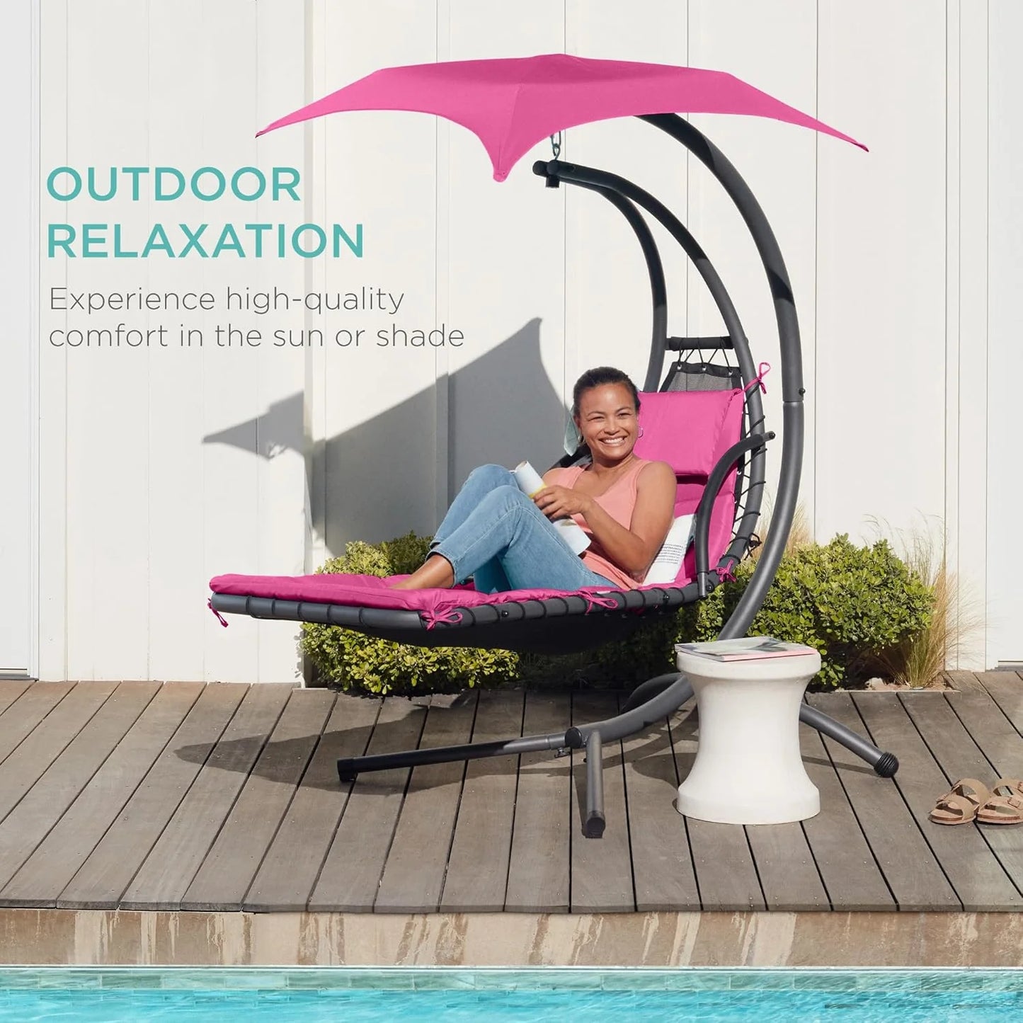 Best Choice Products Outdoor Hanging Curved Steel Chaise Lounge Chair Swing w/Built-in Pillow and Removable Canopy - Teal