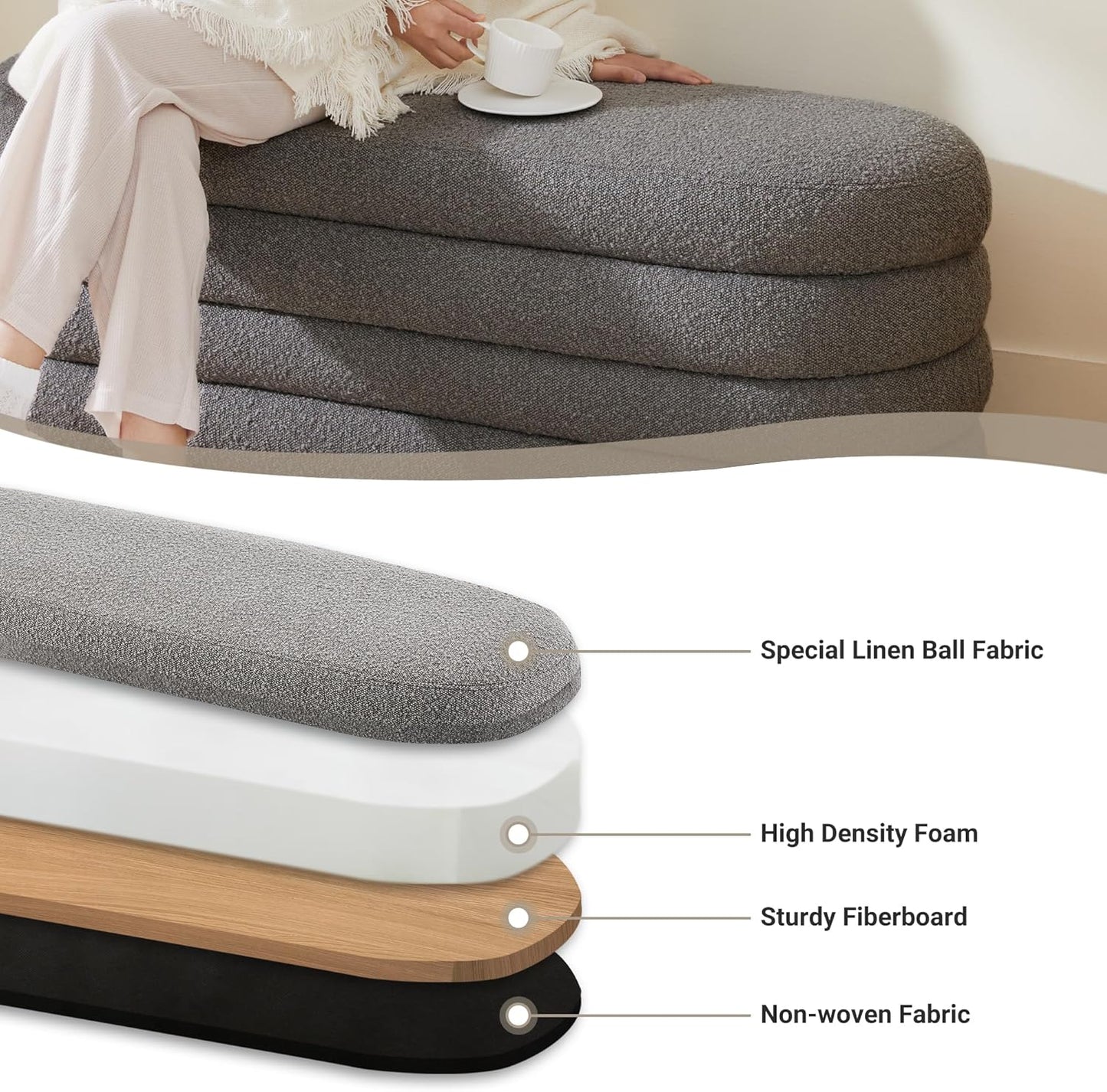 Storage Ottoman Bench 49.2 Inch Upholstered Fabric Storage Bench