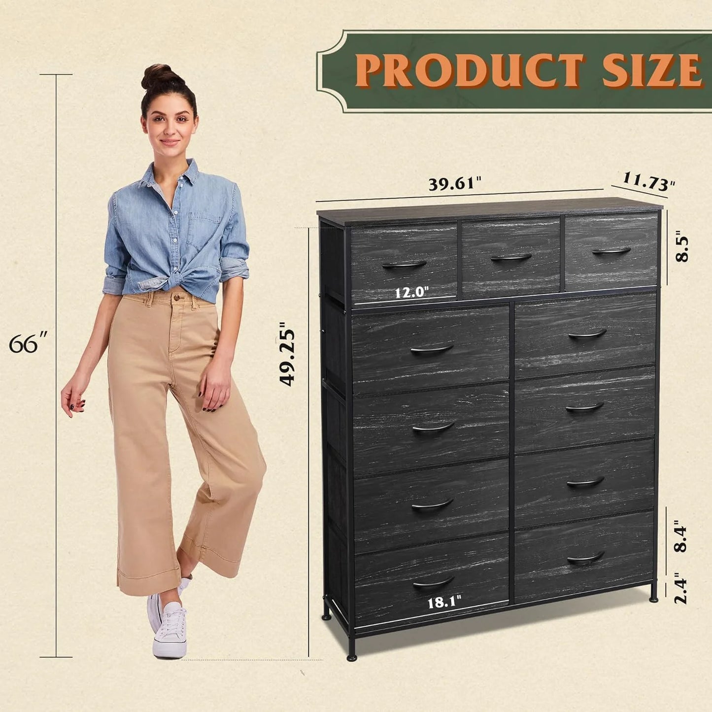 Storage Organizer Unit with 11 Fabric Bins, Storage Drawers Organizer with Steel Frame, Tall Storage Tower Organizaton