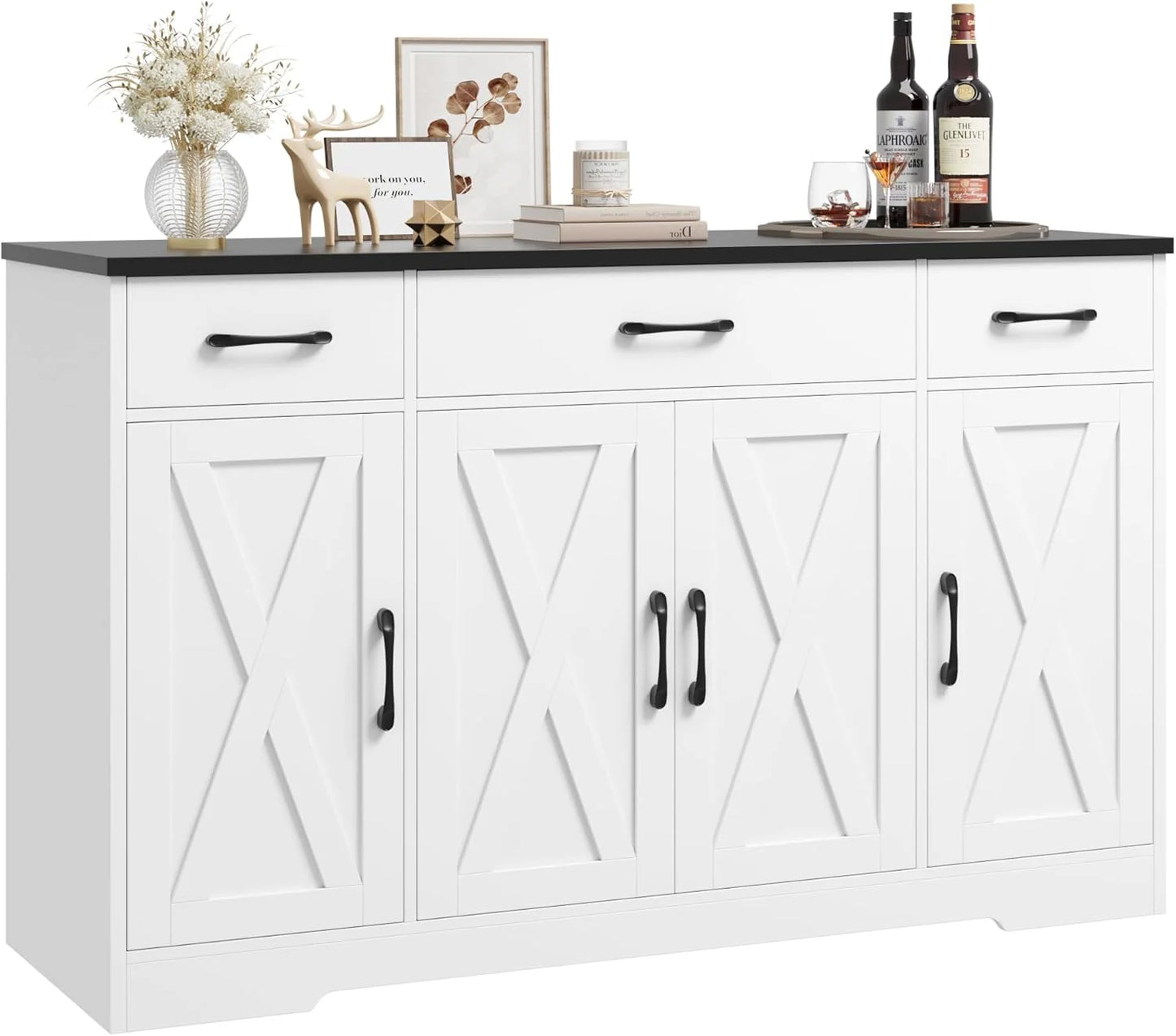 Sideboard with drawers, large 55-inch sideboard, sideboard storage with shelves and doors, modern farmhouse coffee bar wood kitchen dining table