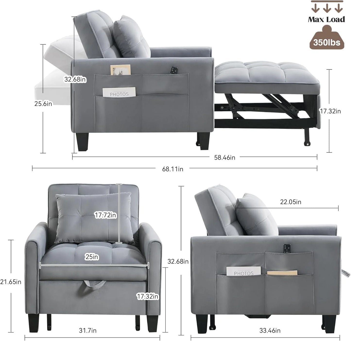 Convertible Sleeper Chair, 3 in 1 Sleeper Chair Bed Pull Out Sofa Bed Chairs, Velvet Single Sofa with Adjustable Backrest
