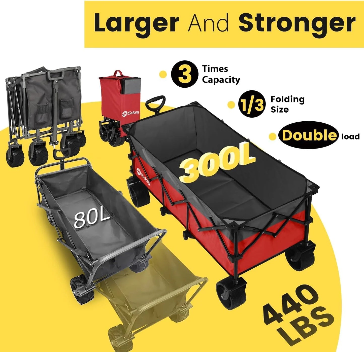 Sekey 48 Inch Long Foldable Extended Travel Cart, 440 Lbs Load Capacity, Heavy Duty 300 Liter Folding Multi-Purpose Garden Cart