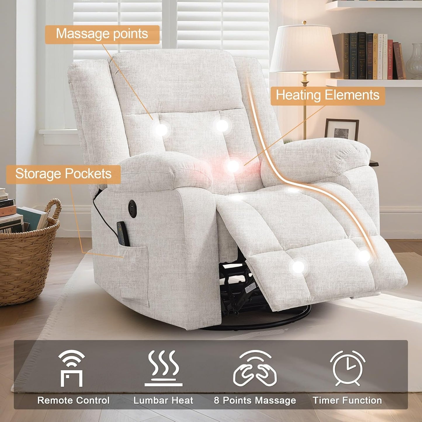 Adult rocking chair, gliding recliner, 360° rotating rocking chair with massage and heating function