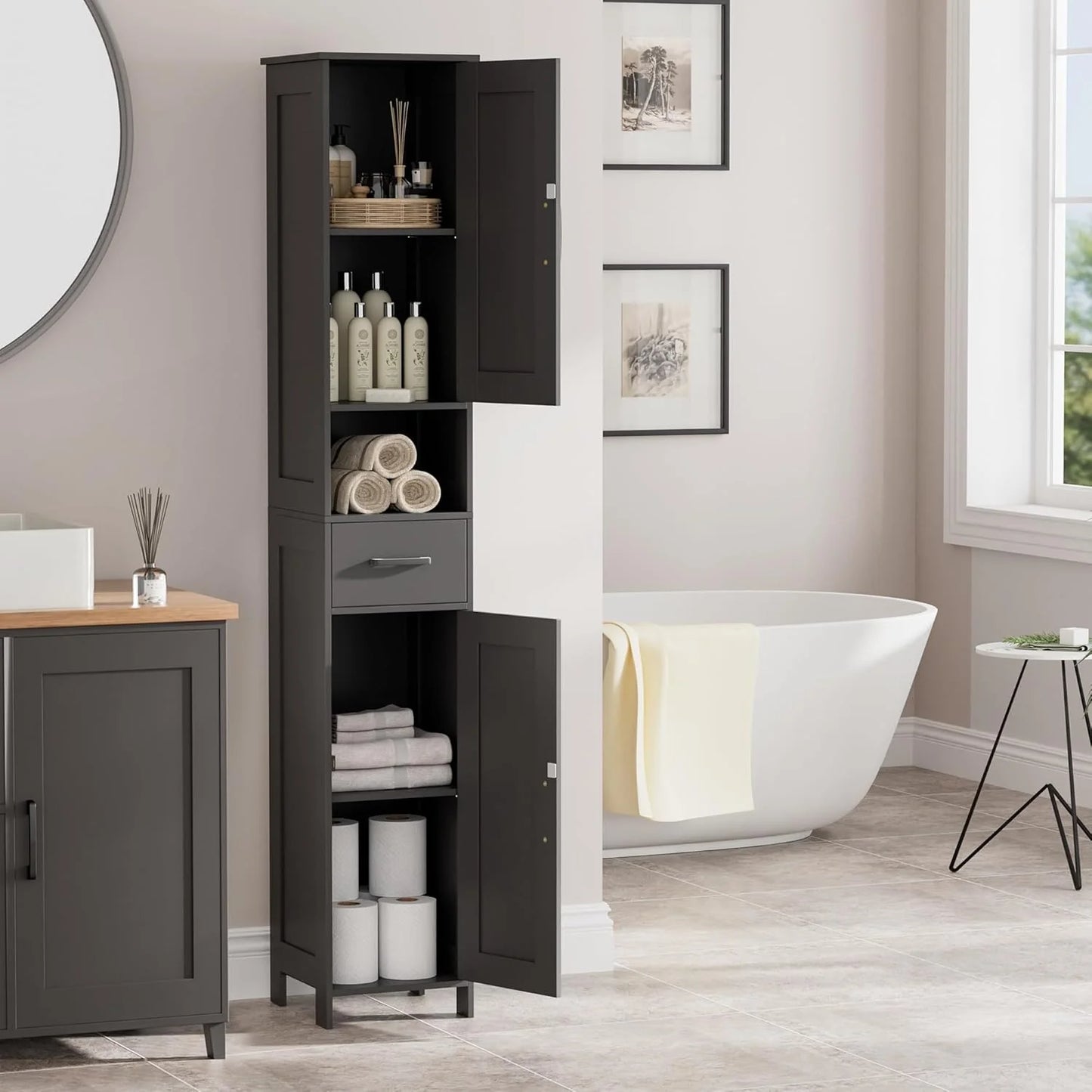 Homhedy 67" H Tall Bathroom Storage Cabinet with 2 Barn Doors and 1 Drawer, Narrow Storage Unit, Adjustable Shelves, Floor Cabinet for Bathroom, Living Room, Entryway, Kitchen, White, (15.7" W)