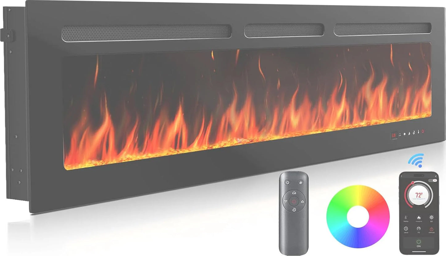 50" Smart Electric Fireplace 5300 BTU Heat Output, Ultra-Slim Wall-Mount or Built-In Electric Fireplace