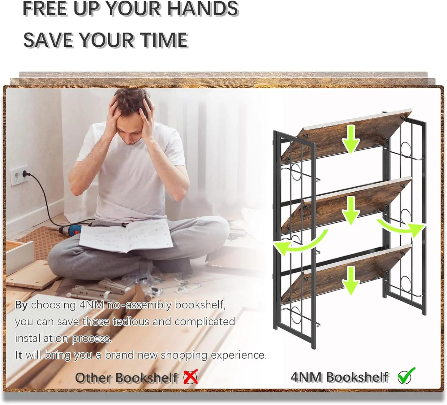 5 Tiers No Assembly Book Shelves 51.2" H Folding Bookshelf Bookcase