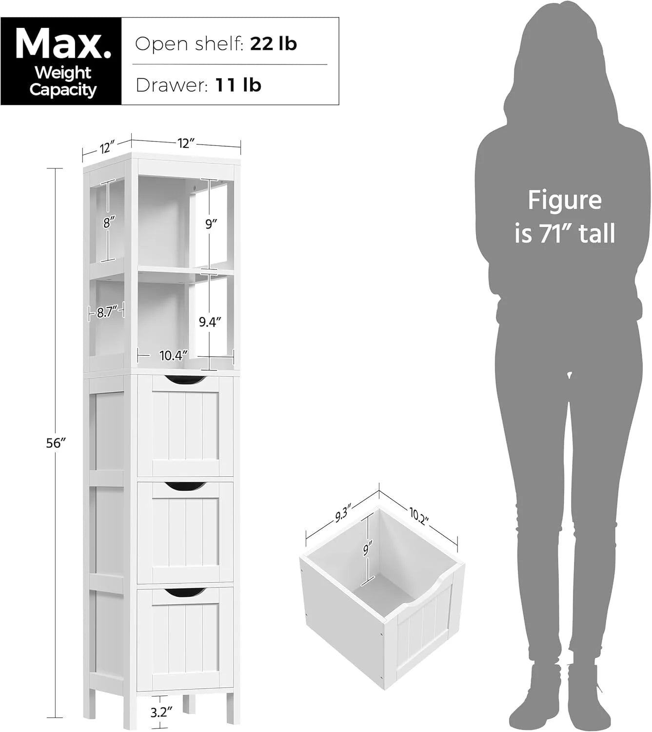 Bathroom Floor Cabinet, Wooden Storage Cabinet with 2 Drawers, Multifunctional Side Organizer Rack Stand Table