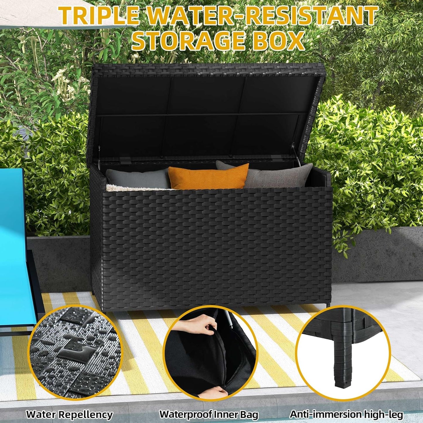 DWVO 70Gal Outdoor Storage Bench with Cushion & Composite Wood Backrest, All-Weather Wicker Deck Bench with Rustproof Bag, Poolside, Patio, Garden (Sand Beige)