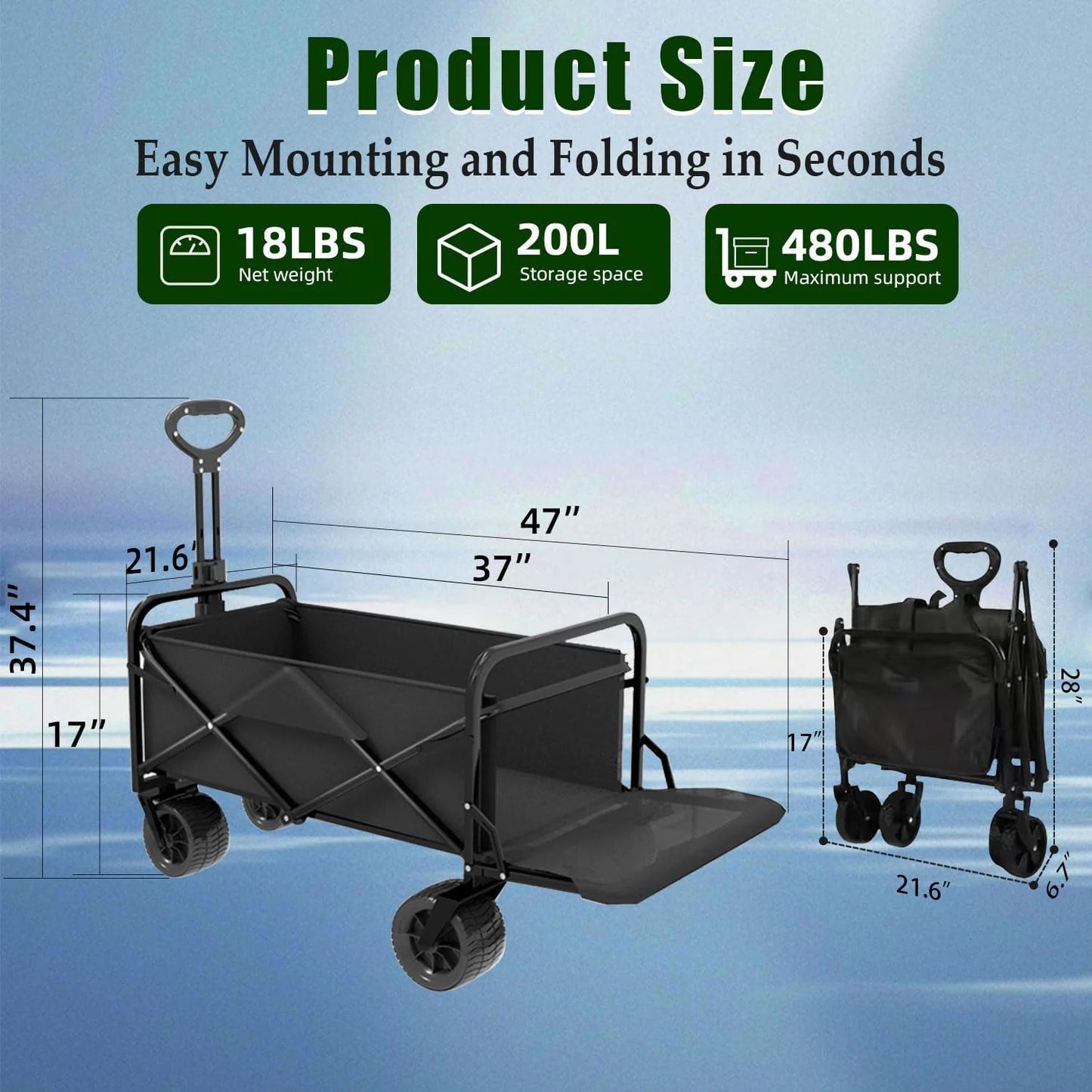 Foldable 4-wheel cart, foldable, 37 inches long, 480 lb capacity, heavy-duty beach cart, shopping cart with wheels