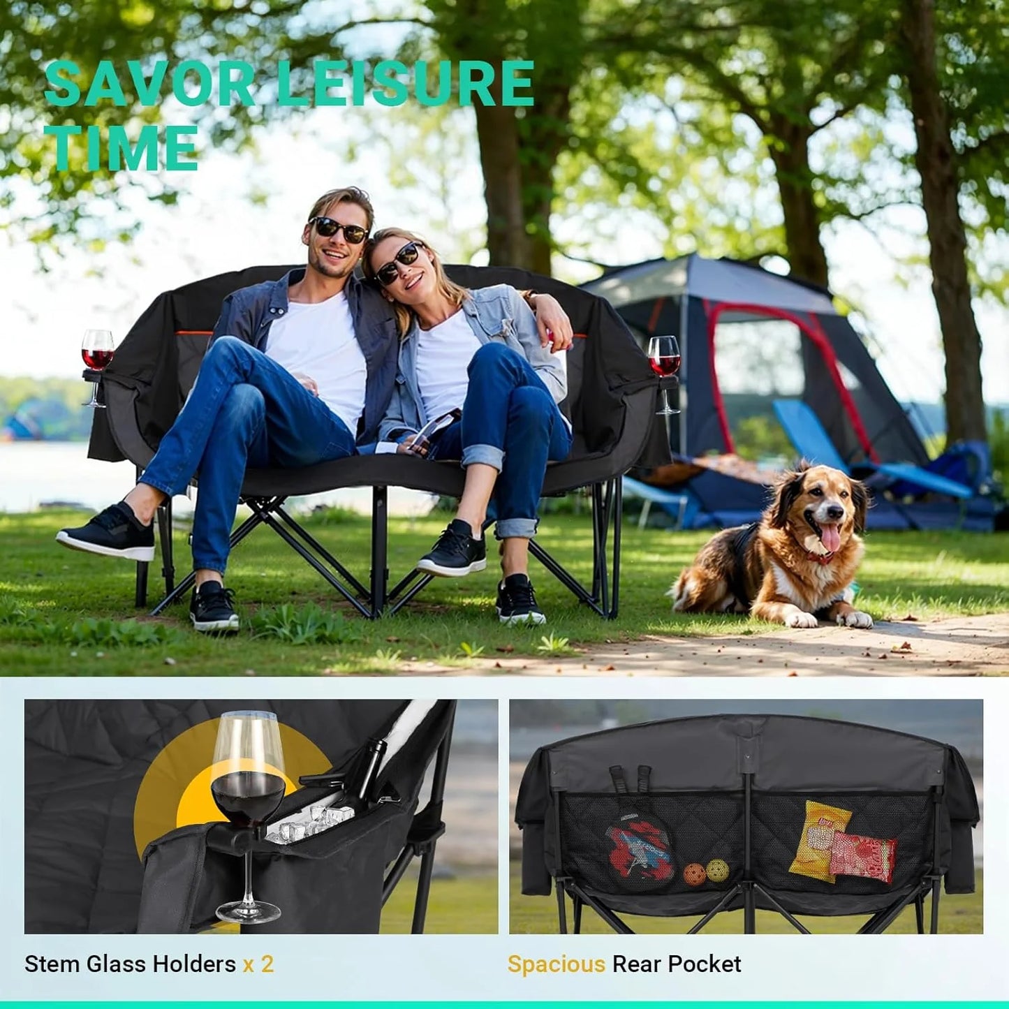 Extra Large Double Camping Chair - 2 Person Comfortable Sofa Chair Adult Loveseat - Heavy Duty Lawn Chair