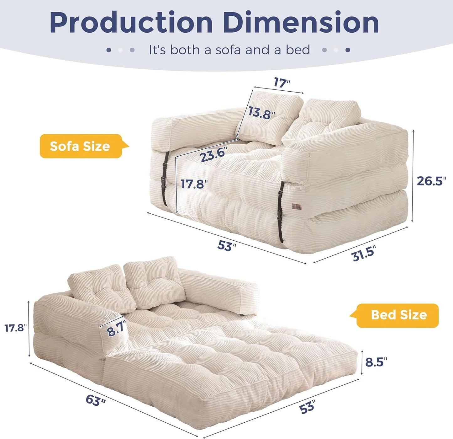 Folding Sofa Bed, L-Shaped Convertible Sofa Bed with Armrests and Pillows,