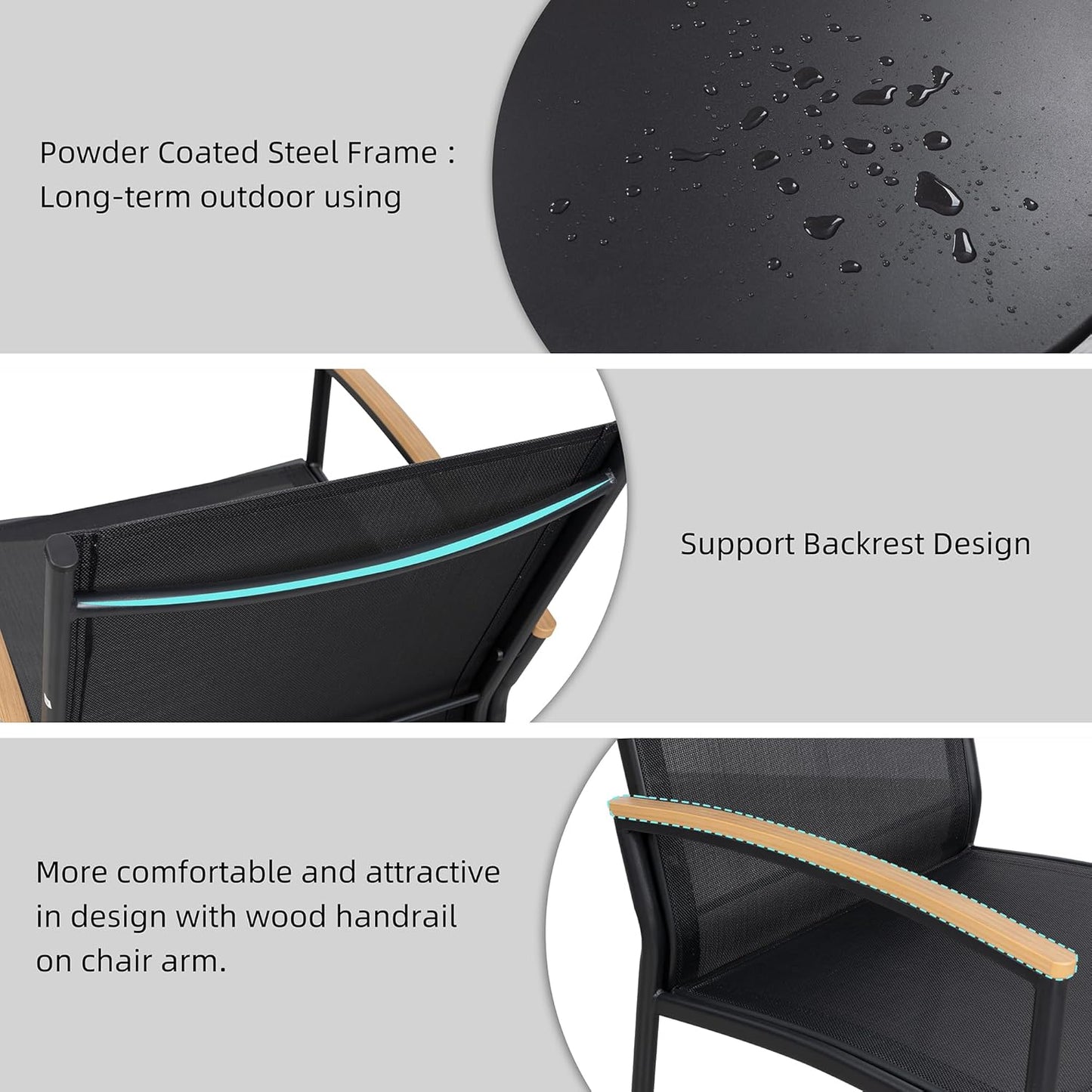 Shintenchi 3 Pieces Patio Bistro Sets, Outdoor Textilene Fabric Conversation Bistro Set, Textilene Fabric Front Porch Chairs Small Patio Furniture Set with Table for Lawn,Garden,Balcony (Black)