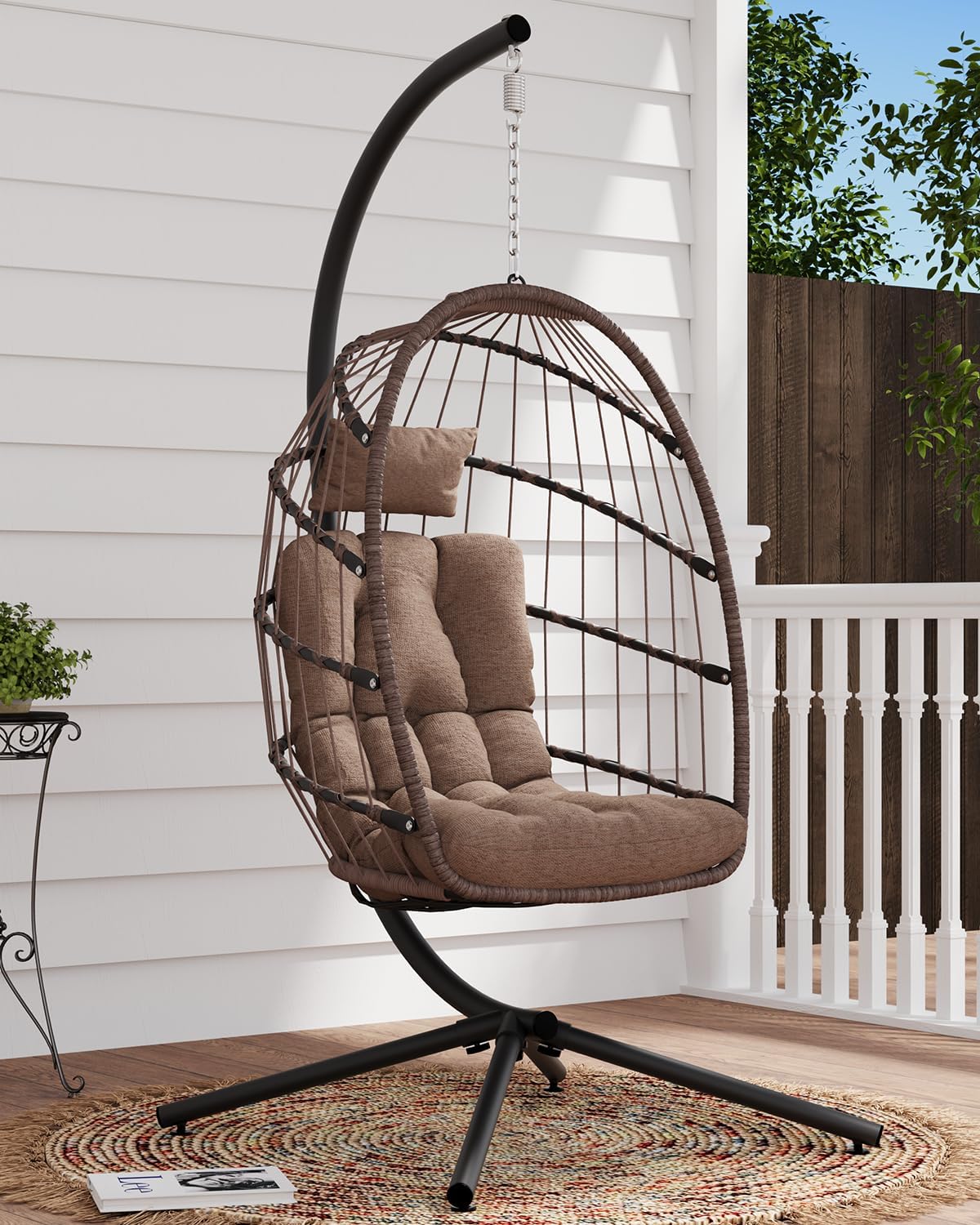 SWITTE Egg Chair Outdoor with Stand, Indoor Wicker Hanging Egg Swing Chair with Cushion, 350lbs Capacity for Patio, Bedroom