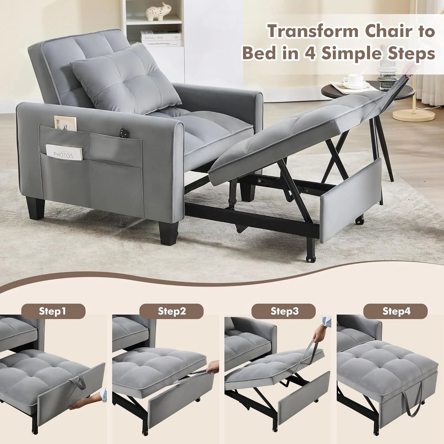 Convertible Sleeper Chair, 3 in 1 Sleeper Chair Bed Pull Out Sofa Bed Chairs, Velvet Single Sofa with Adjustable Backrest