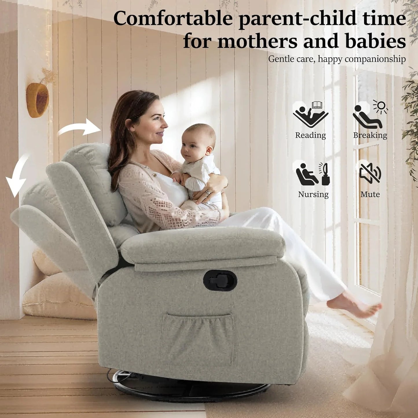 Reclining rocking chair 360 degree rotating fabric sliding reclining chair