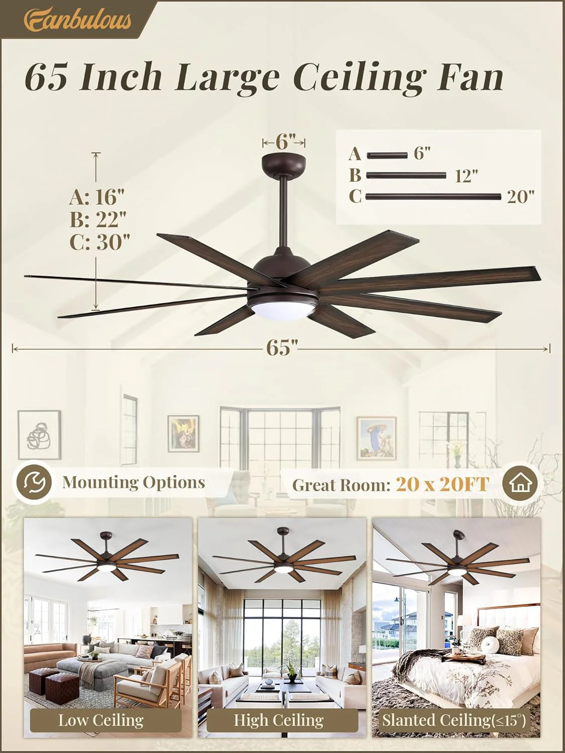 Ceiling Fan Indoor/Outdoor 8 Blades 65 inches