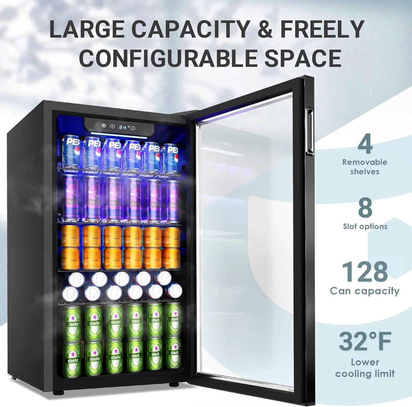 EUHOMY Beverage Refrigerator Cooler, 130 Can Mini Fridge with Glass Door for Soda Beer or Wine, Beverage Cooler for Home, Office, Bar with Adjustable Removable Shelves, Silver