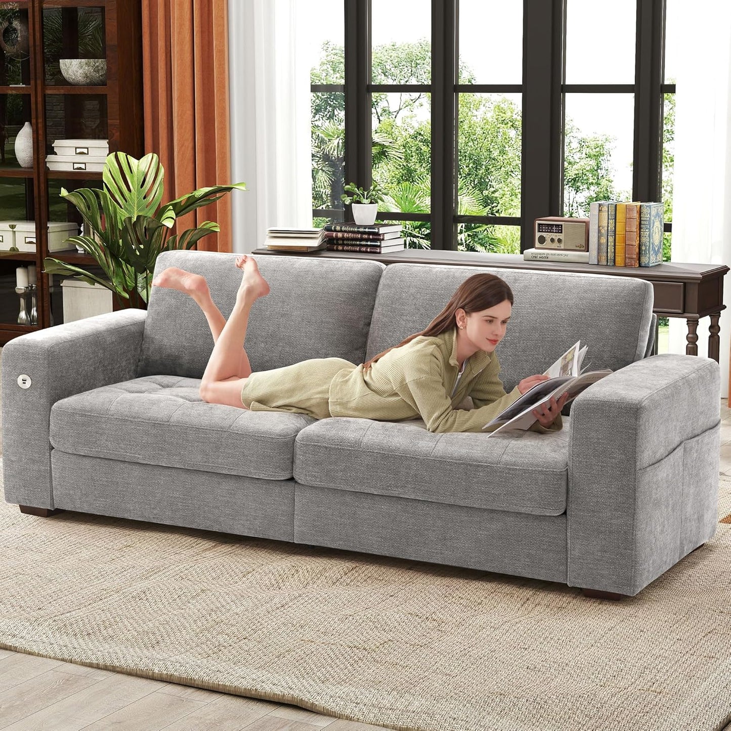111.4 Inch L-Shaped Modern Sofa Modular Cloud Sofa with Ottoman, 4-Seater Chenille Deep Seat Sofa with Pillows for Living Room, Bedroom and Apartment, Beige