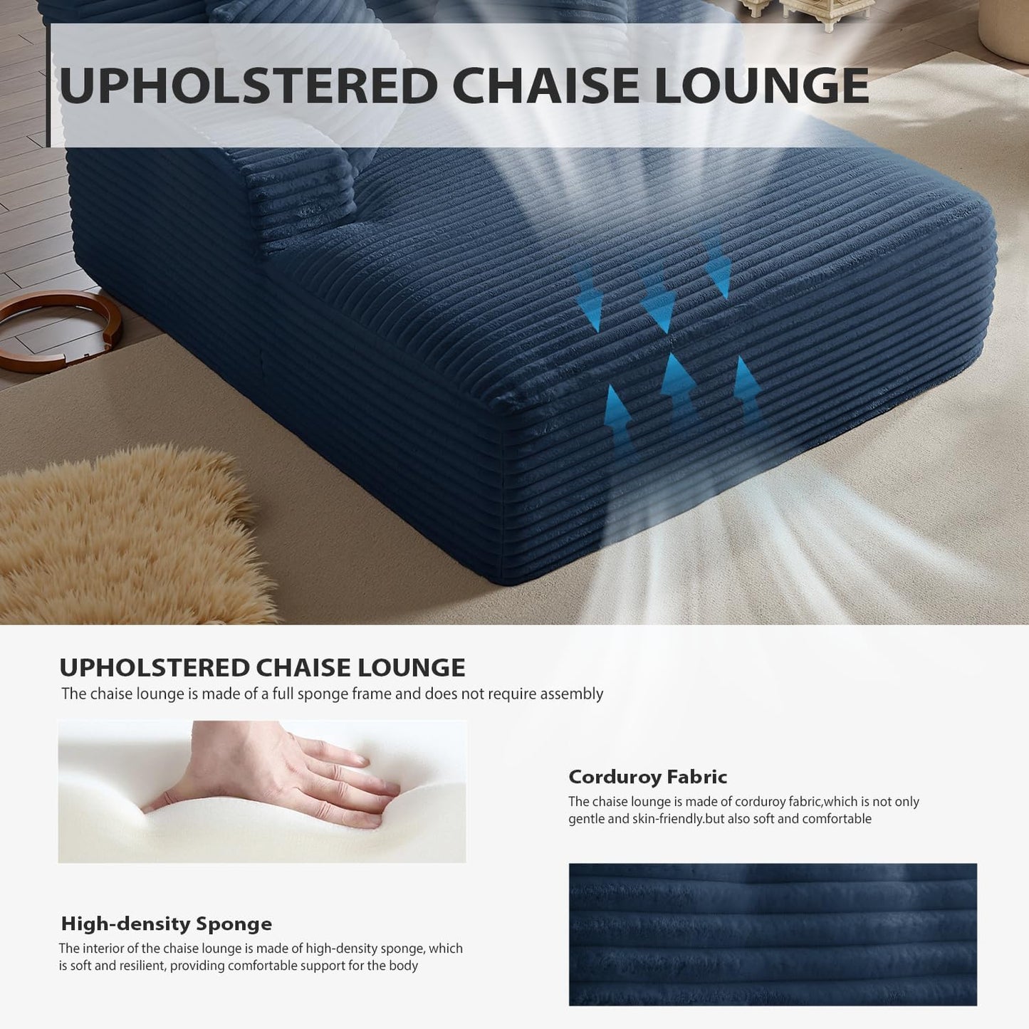 50-inch indoor recliner, oversized corduroy upholstered boneless sofa bed, deep sleeper sofa reading chair, cloud sofa, living room sofa