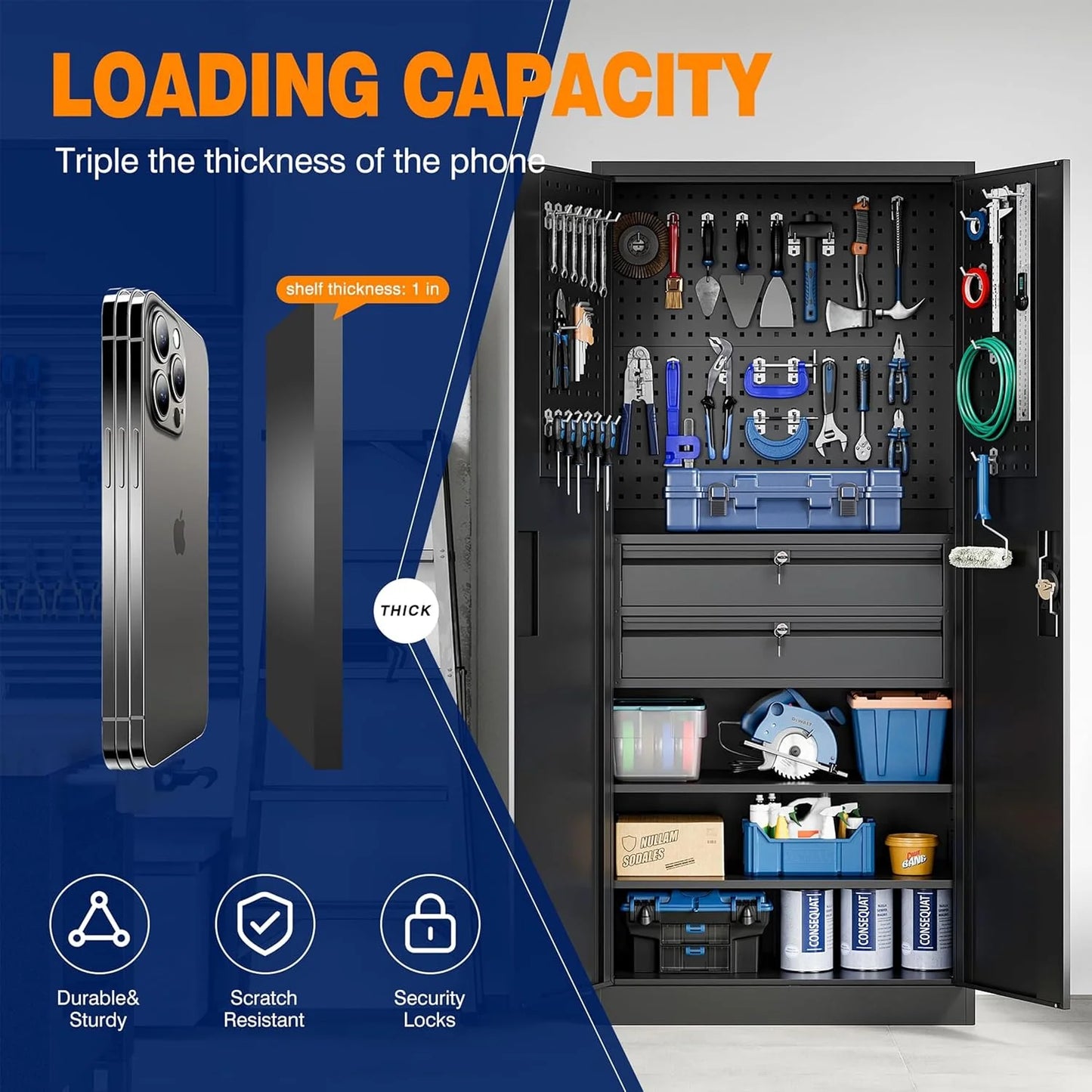 Yizosh Metal Garage Storage Cabinet with Locking Doors and 2 Drawers, Heavy Duty Steel Tool Cabinet with Pegboard, 71" - Lockable Cabinets