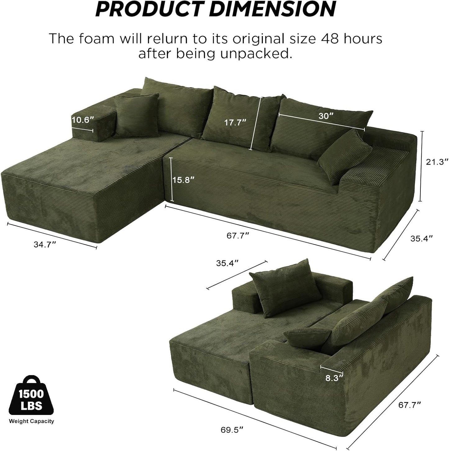 Cloud sofa with L-shaped lounge chair, modern modular sofa with deep seats