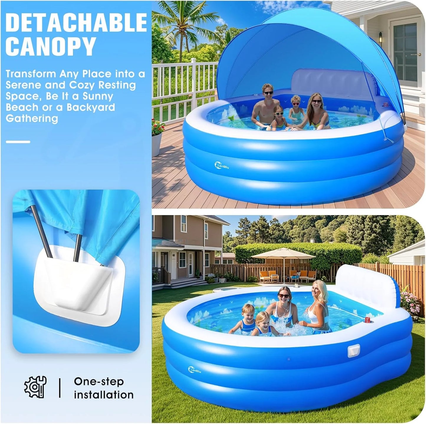 2025 Upgraded Inflatable Pool with Canopy, Inflatable Family Lounge Pool, Round Blow Up Pool for Adult with Bench & Backrest, Swim Center Easy Backyard Pools for Kids & Adults, 92"x92"x26", Blue