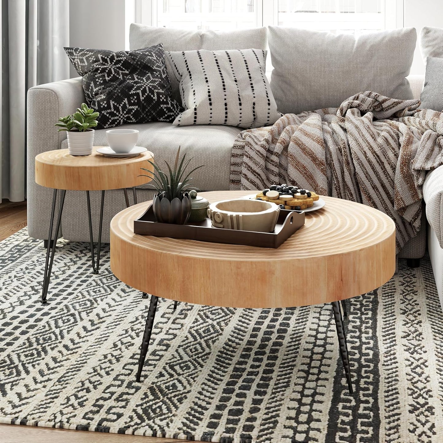 Two-Piece Modern Farmhouse Living Room Coffee Table Set, Round Nesting Tables