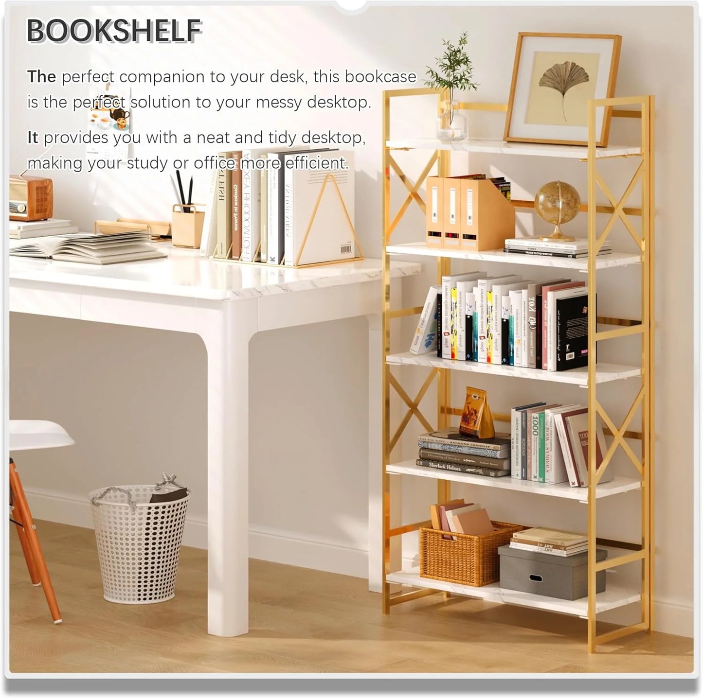 5 Tiers No Assembly Book Shelves 51.2" H Folding Bookshelf Bookcase