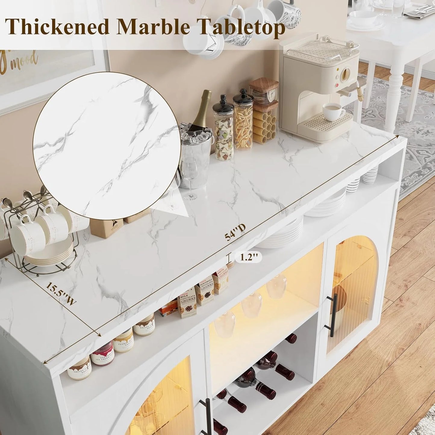 Sideboard, 54-inch kitchen cabinet with LED lights and arched glass doors, tall bar cabinet