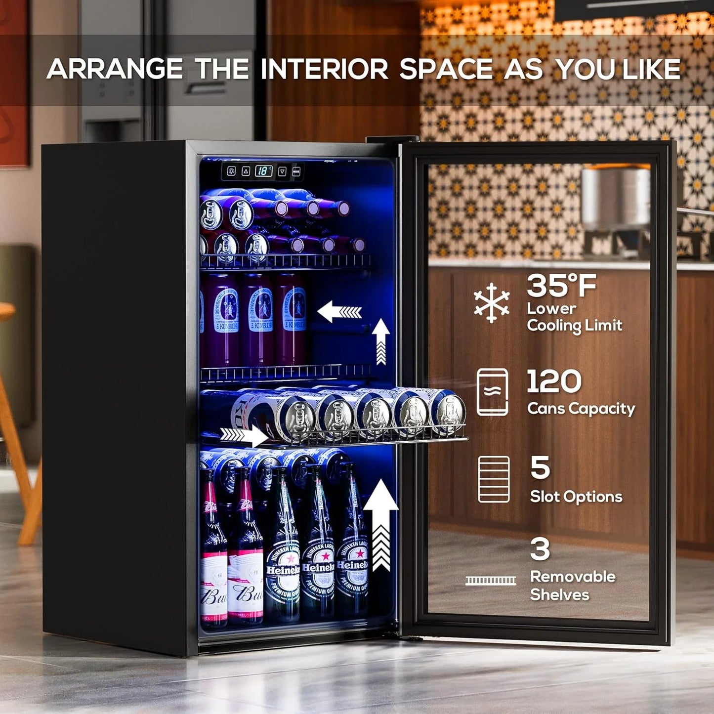 Beverage Refrigerator Cooler-120 Cans Freestanding Mini Fridge Cooler with Glass Door, Adjustable Shelves & Digital Temperature Display for Soda, Wine or Beer (Black, 3.2 Cu.Ft)
