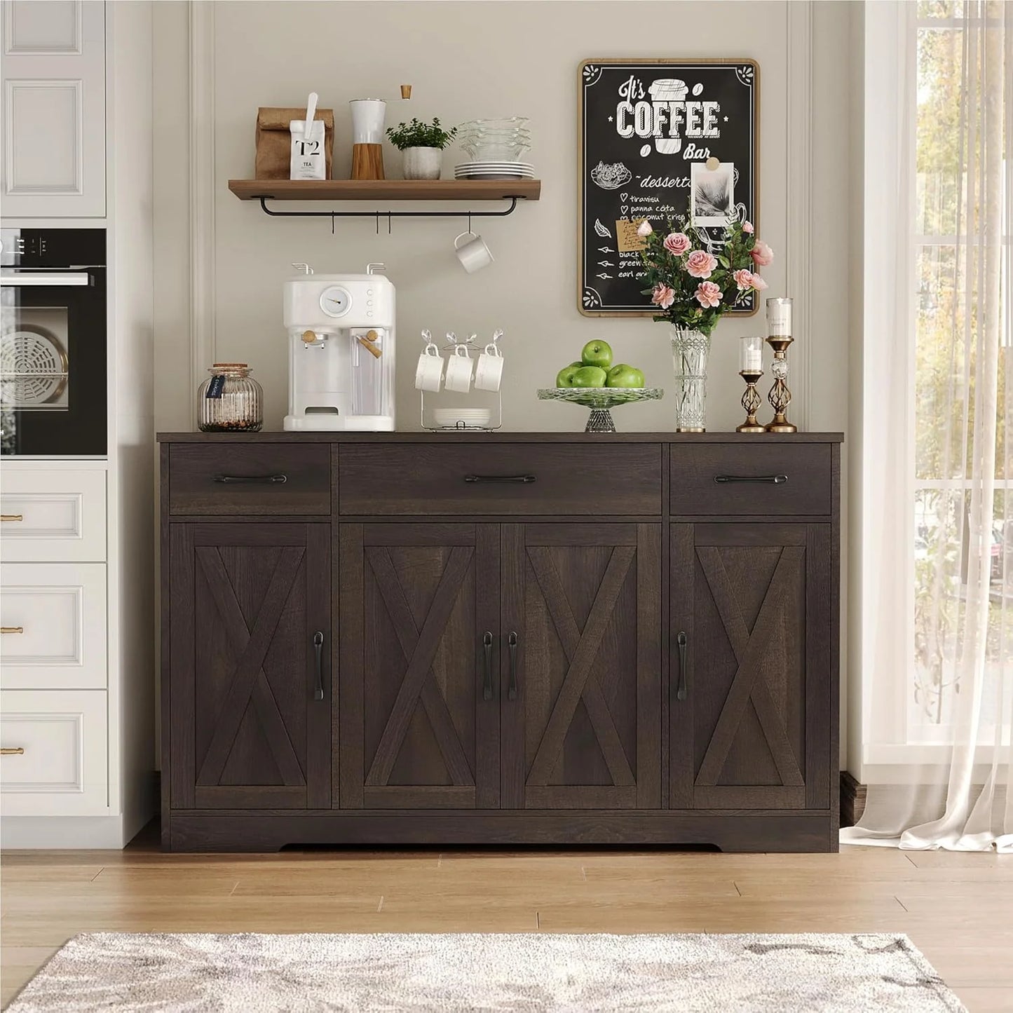 Sideboard with drawers, large 55-inch sideboard, sideboard storage with shelves and doors, modern farmhouse coffee bar wood kitchen dining table