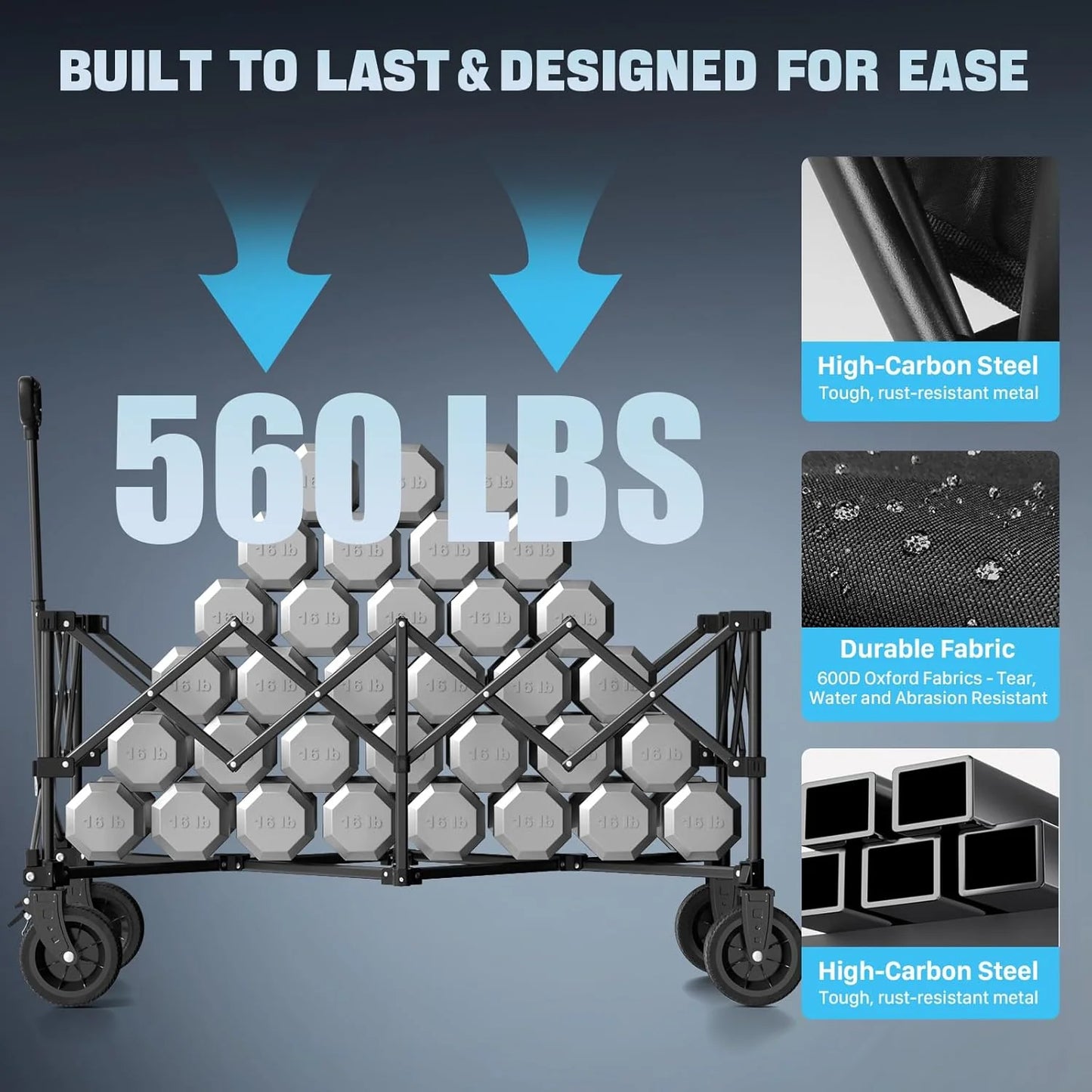 48" Extra Large Folding Travel Cart, 560 lb Capacity, 350 L Heavy Duty Utility Cart with Brakes and All-Terrain Wheels